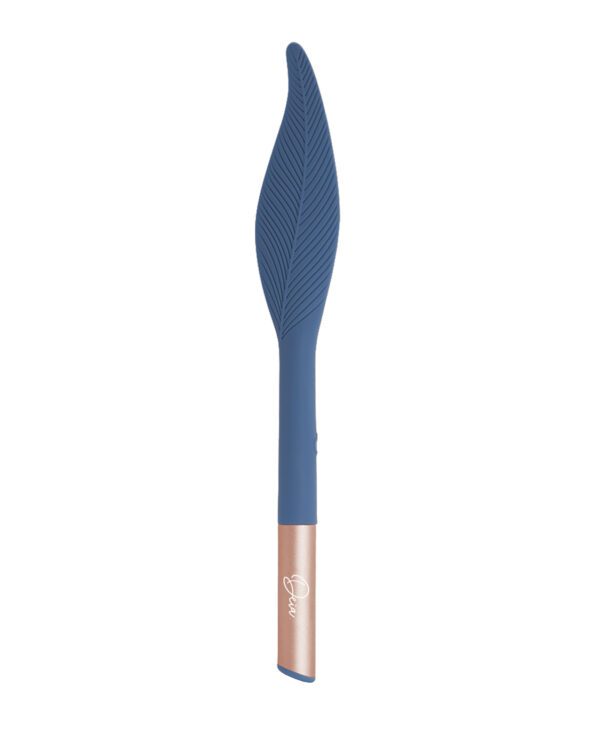 A blue feather-shaped quill pen with copper detailing and branding on white background.