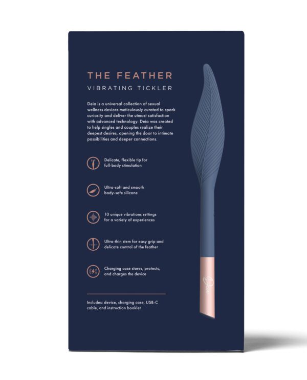 Photo of a product box for "The Feather Vibrating Tickler," detailing features and contents including a device, charging case, and a USB-C cable.