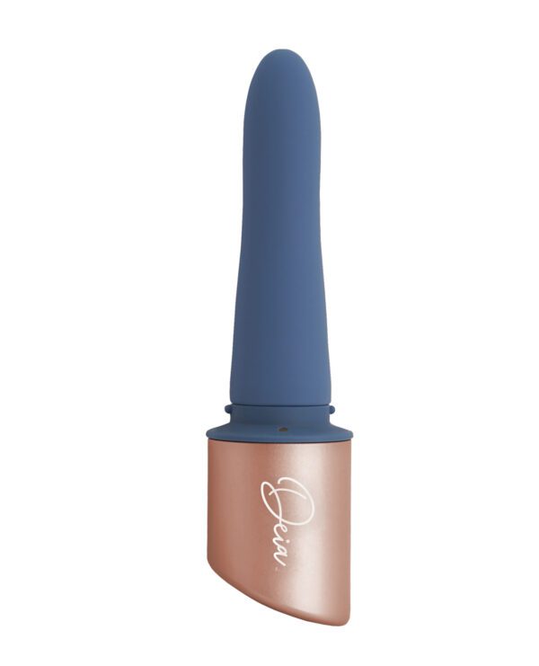 A closed tube of lipstick with blue and rose gold casing