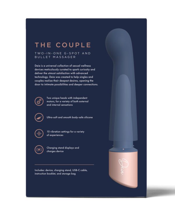 Product advertisement for "The Couple", a two-in-one G-Spot and bullet massager, detailing features such as dual heads with independent motors, body-safe silicone, multiple vibration settings, and charging stand.