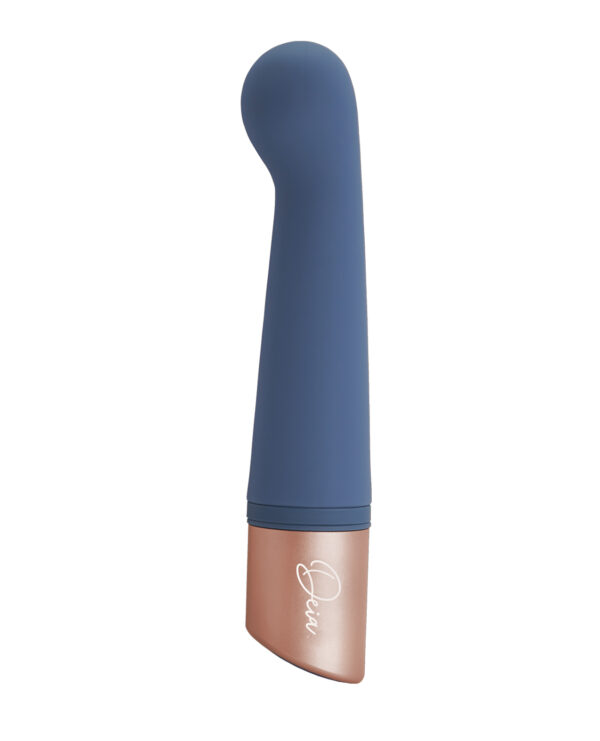 A blue personal massager with rose gold accents on a white background.