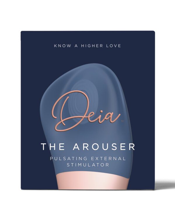 Product packaging for Deia The Arouser, a pulsating external stimulator device, with elegant navy blue background and cursive rose gold branding.