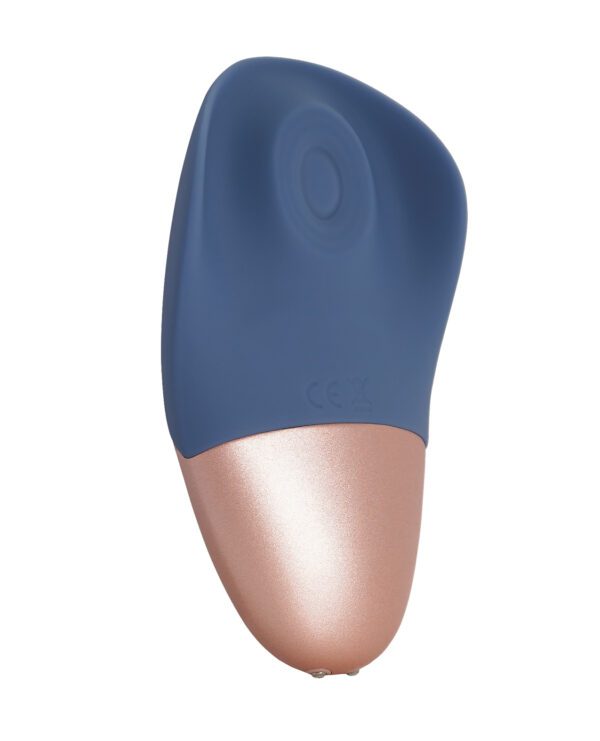 A handheld massage device with blue and gold color scheme.