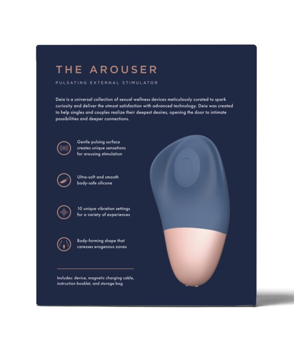 Product packaging for 'The Arouser', highlighting features such as gentle pulsing surface and body-safe silicone, including a visual of the sexual wellness device.