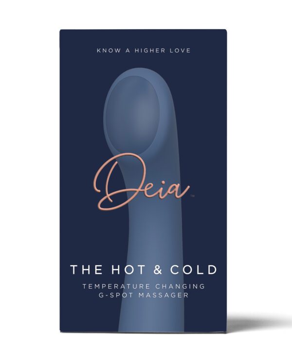 A product box for Deia, featuring the tagline 'Know A Higher Love' and text 'The Hot & Cold Temperature Changing G-Spot Massager'.