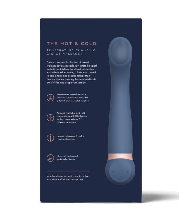 A blue packaging design for a temperature-changing G-spot massager with product features and inclusions listed.