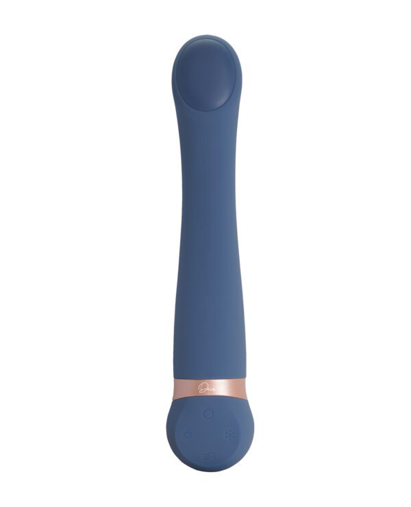 A blue handheld massager with control buttons and a rose gold accent on the handle