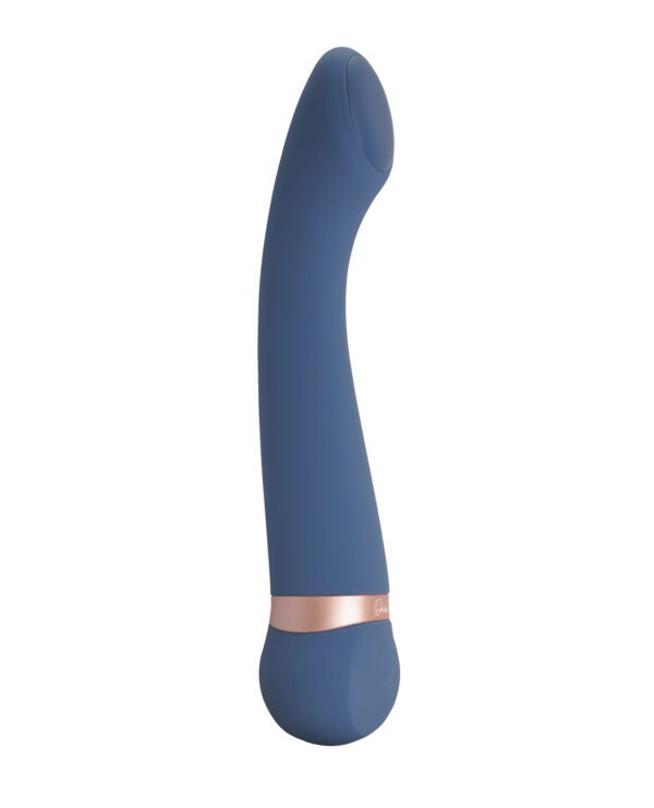 A sleek blue personal massager with a curved shape and rose gold accent on a white background.