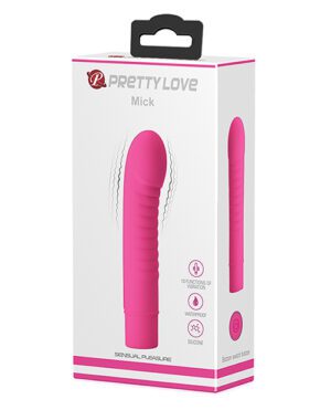 A pink 'PRETTY LOVE Mick' personal massager product packaging displaying the device and its features such as 10 functions of vibration, waterproof capability, and silicone material.