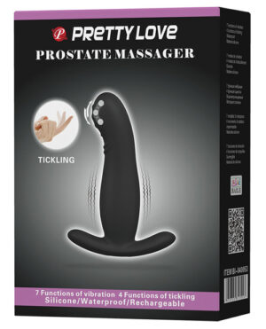 A sleek black packaging for a prostate massager featuring icons for vibration and tickling functions, labeled as rechargeable, waterproof, and made from silicone.