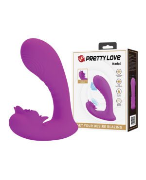 A purple adult wellness device alongside its packaging with product features listed.