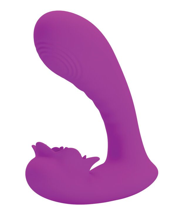 A purple abstract sculpture with a smooth surface and undulating form.