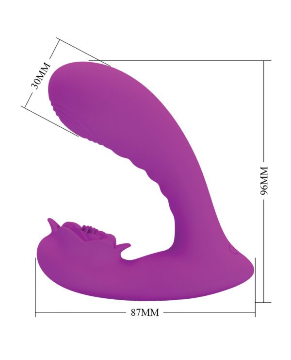 Illustration of a purple ergonomic device with dimension annotations.