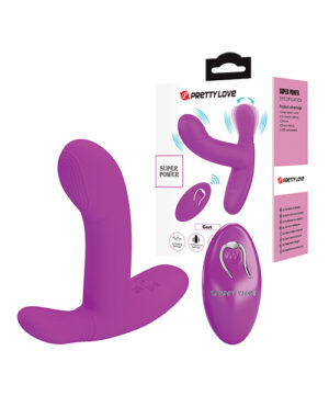 A purple adult toy displayed beside its packaging, showcasing features and branding of the Pretty Love product.