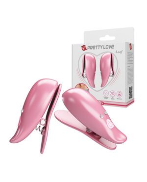 Two pink leaf-shaped products displayed in front of their product packaging with 'PRETTYLOVE Leaf' branding