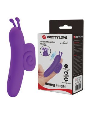 A purple fingering vibrator next to its product packaging with the label 'PRETTY LOVE Honey Finger'