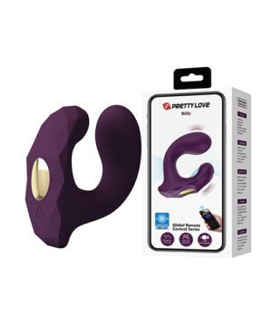 Image of a purple adult toy next to its retail packaging displaying product features.