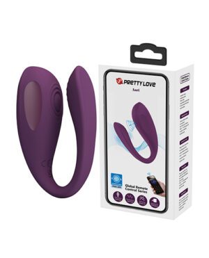 A purple adult toy alongside its product packaging with descriptions and branding.