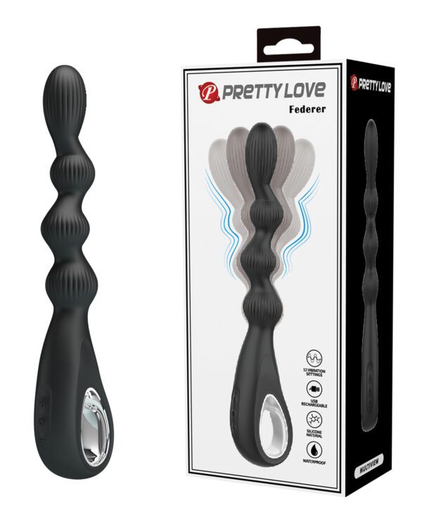 A product image featuring the packaging of a 'PRETTY LOVE Federer' personal massager with highlighted features such as vibration settings and waterproof design.