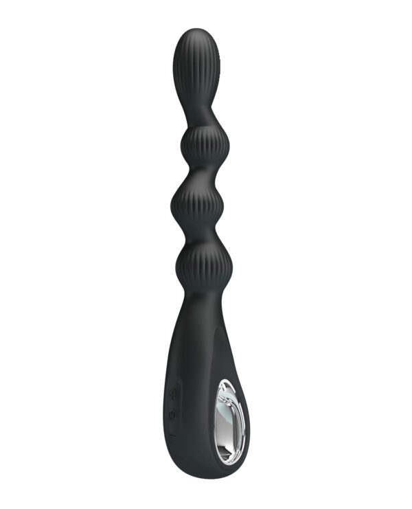 A sleek black handheld massager with a contoured design and button controls.