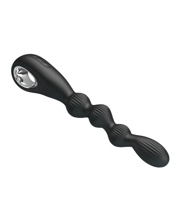 A black handheld massage device with multiple nodes and an angled head against a white background.