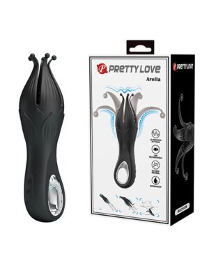 A black Pretty Love Arella massager alongside its packaging, highlighting features such as intelligent mode, waterproofing, and body-safe material.