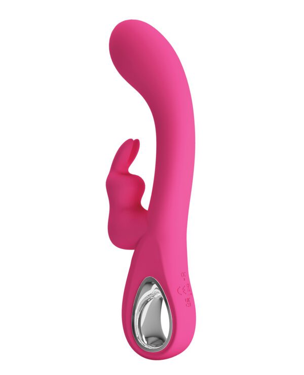 A pink curved personal massaging device with a chrome accent on a white background.