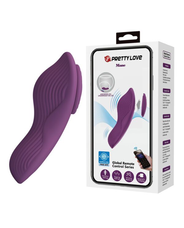 A product packaging for a vibrating personal massager by "PRETTY LOVE" featuring an image of the device and its remote control, highlighting features such as a free app, various vibration settings, waterproof design, and magnetic charging.