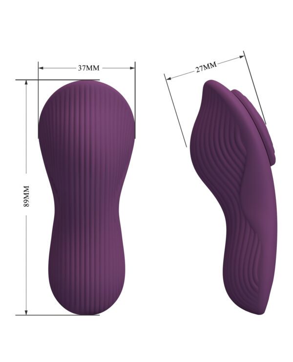 Two views of a purple ergonomic product design, one showing front view with height marked as 80MM and width as 37MM, and the other showing a side view with depth marked as 27MM.