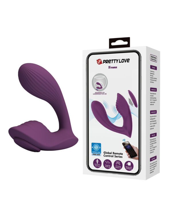 A packaged purple adult toy from Pretty Love named Franz, featuring remote control functionality and a free app.