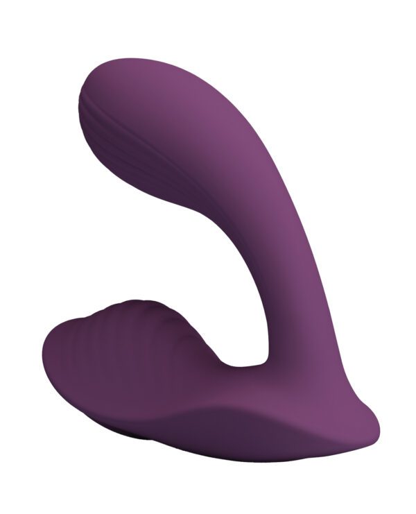 A purple curved ergonomic object isolated on a white background