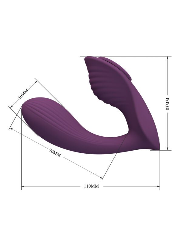 A purple object with tail-like features and dimensions marked in millimeters.