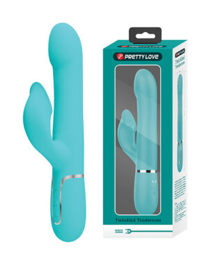 A teal silicone personal massager called "Twinkled Tenderness" by PRETTY LOVE, displayed next to its packaging box with a see-through window showing the product inside.