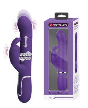 Alt text: A purple, handheld massager device by Pretty Love, named "Twinkled Tenderness," is shown next to its packaging. The device features a contoured design with multiple buttons and a set of rotating beads near the handle. Vibrating motion is indicated by wavy lines surrounding the upper part.