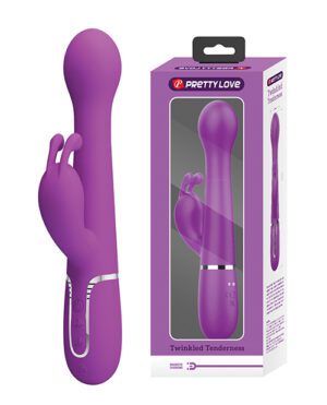 Alt text: A purple personal massager with a curved design is displayed next to its packaging, which features the product image and the text "PRETTY LOVE Twinkled Tenderness".