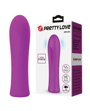 A purple personal massager product and its packaging box with brand logo and product features listed.