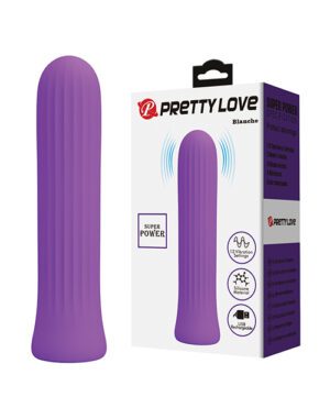 A purple personal massager product by Pretty Love called "Blanche" displayed next to its packaging box that highlights the product features such as "Super Power" and "Silicone Material."