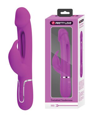 Product packaging for a personal adult toy named "Twinkled Tenderness" by Pretty Love, displayed next to its corresponding purple product which is partially visible outside the box.