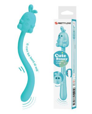 Image shows two views of a product packaging for a Cute Bunny Flirting Stick, highlighting its flexible design and magnetic features, with the product displayed beside its box.