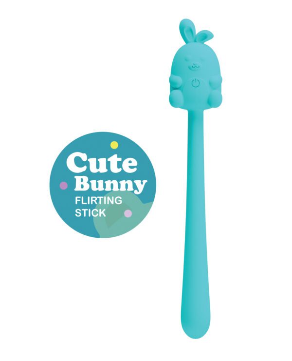 A turquoise cute bunny shaped flirting stick with accompanying label.