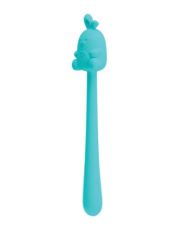 A turquoise silicone spatula with a bird design at the handle top on a white background.