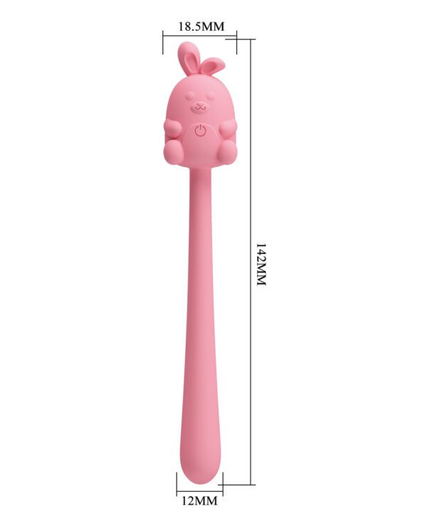 A pink silicone stirring rod with a cartoon bunny design at the top, showing measurements of 18.5MM in width and 142MM in length, with a handle width of 12MM.