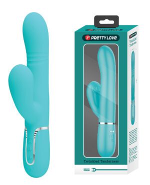 A teal personal massager by Pretty Love with 'Twinkled Tenderness' branding, shown alongside its packaging.