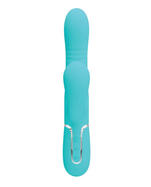 A turquoise handheld personal massager with control buttons and ergonomic design.