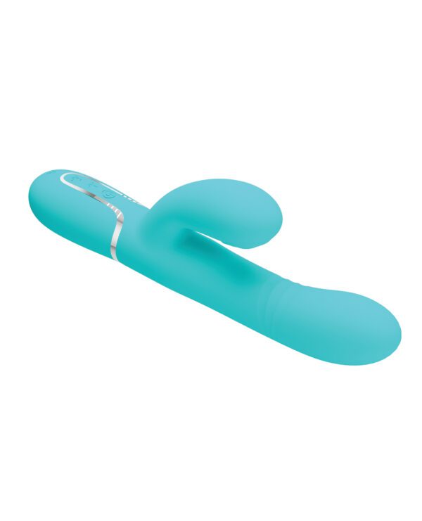 A teal colored personal massager with a sleek design on a white background