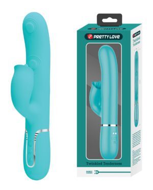 A teal personal massager next to its packaging box with product details.