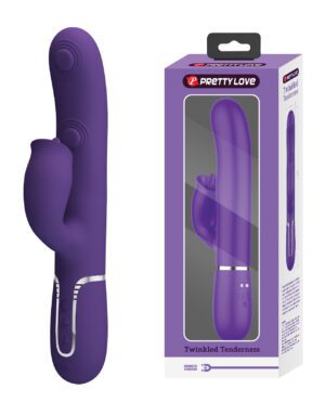 Purple personal massager with magnetic charging next to its retail box.