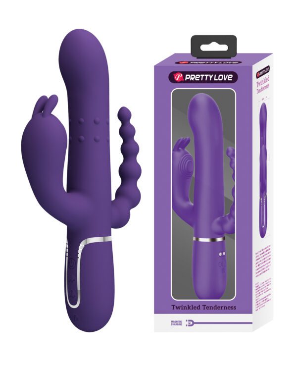 Purple adult personal massager with multiple extensions shown beside its retail packaging