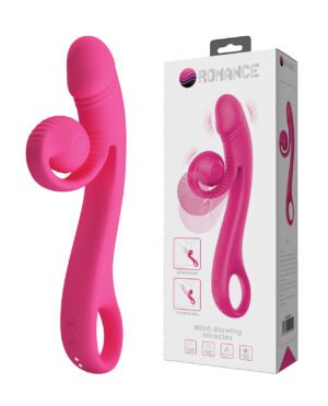 An adult pleasure product and its packaging prominently displayed, featuring a pink design.