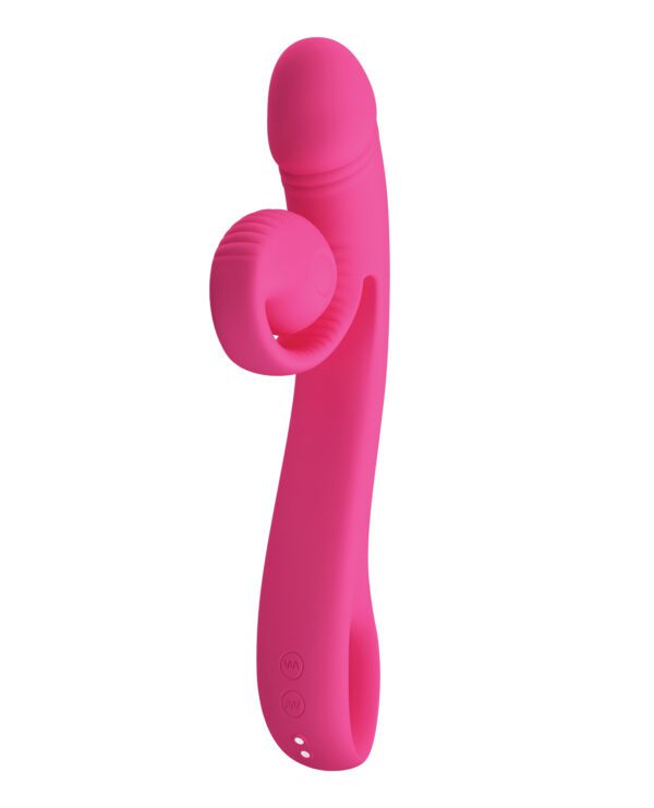 Side view of a pink silicone personal massager with ergonomic design.